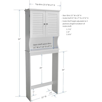 Redmon Louvered Double Doors Over the Toilet Space Saver Storage Cabinet (Full Side Panels), Adjustable Center Shelf, 23.50 Inch Width x 63.00 Inch Height, White Semi Gloss Enamel Finish