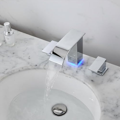 LED Bathroom Faucet 3 Hole, Chrome Waterfall Bathroom Faucets, 8 Inch Widespread Modern Bathroom Sink Faucet & Parts, Wide Spread Touch On Three Hole 2 Handle 3 Piece Bathroom Vanity Faucet - color: Chrome
