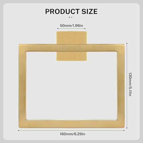2-Piece Brushed Gold Towel Ring,Square Hand Towel Holder,Stainless Steel Modern Towel Holder Wall-Mounted Bathroom Towel Ring Towel Rack - color: Brushed Gold, size: 2 Pcs