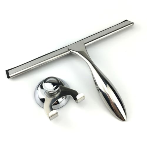Holibanna 3pcs Stainless Steel Shower Squeegee for Glass and Tile with Suction Cup and Hooks Holder, Heat and Cold Resistant Bathroom Window Wiper for Shower Doors