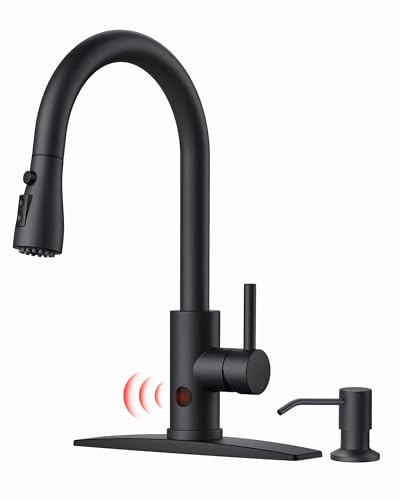 FORIOUS Black Touchless Kitchen Faucet with Soap Dispenser, Hands-Free | Smart Motion Sensor, Single Handle Stainless Steel, Contemporary Bar Sink Faucet with Pull Down Sprayer for Laundry RV Camper - color: Matte Black, style: Contemporary