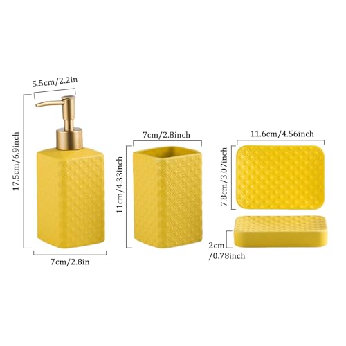 Bathroom Accessories Set Ceramic Soap Dispenser Toothbrush Holder Bathroom Tumbler Soap Dish Bathroom Decor Vibrant Modern Bathroom Set (Yellow 4-Piece Suit) | Includes Soap Dispenser, Toothbrush Holder, Tumbler and Soap Dish, Vibrant Modern Design, for K