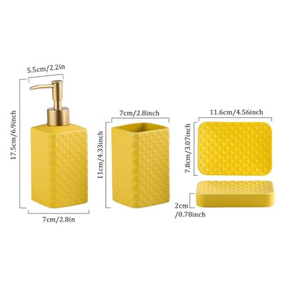 Bathroom Accessories Set Ceramic Soap Dispenser Toothbrush Holder Bathroom Tumbler Soap Dish Bathroom Decor Vibrant Modern Bathroom Set (Yellow 4-Piece Suit) | Includes Soap Dispenser, Toothbrush Holder, Tumbler and Soap Dish, Vibrant Modern Design, for K