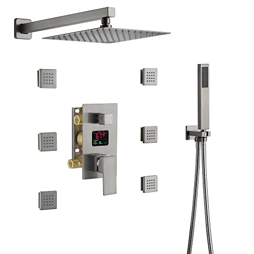 Cascada Digital 12” Wall Mounted Shower System with Single Handle & LCD Display, 3 Functions (Rainfall, Body jets & Handheld) (Brushed Nickel) - color: Brushed Nickel