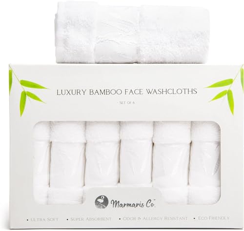 Set of 6 Luxury Wash Cloths for Your Face Viscose Bamboo & Turkish Cotton, White Wascloths | 70% Viscose from Bamboo, 30% Turkish Cotton, Ultra Soft, Highly Absorbent, Odor-Resistant, Hanging Loop