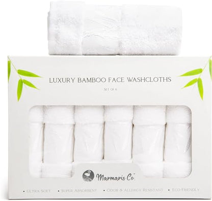 Set of 6 Luxury Wash Cloths for Your Face Viscose Bamboo & Turkish Cotton, White Wascloths | 70% Viscose from Bamboo, 30% Turkish Cotton, Ultra Soft, Highly Absorbent, Odor-Resistant, Hanging Loop