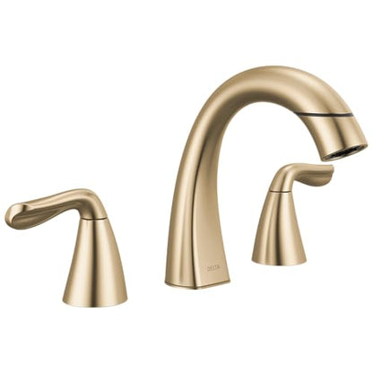 Delta Arvo Brushed Gold Bathroom Faucet with Sprayer, 8 Inch 3 Hole Widespread Bathroom Sink Faucet with Pull Out Sprayer, Push-Pop Drain, Champagne Bronze 35840LF-CZPD - color: Champagne Bronze