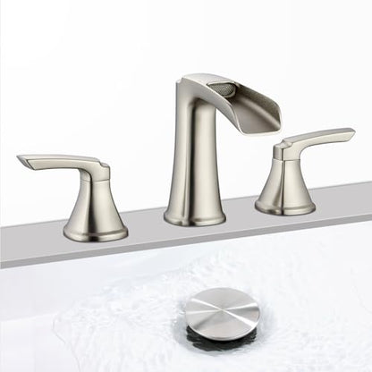 Brushed Nickel Waterfall Bathroom Faucet, Sanliv 3-Piece Widespread Bathroom Sink Faucets, 2-Handle Vanity Faucet for 3-Hole Sinks 4-8 Inch with Pop-Up Drain, Brushed Nickel - color: Brushed Nickel