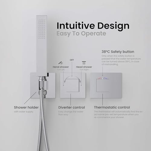 KIBI Cube Thermostatic Bathroom Shower System – 2-Function Wall Mounted Shower Set with Rough-In Valve, Modern Chrome Finish, Durable Rust-Resistant Bathroom Shower Faucet Kit - color: Chrome