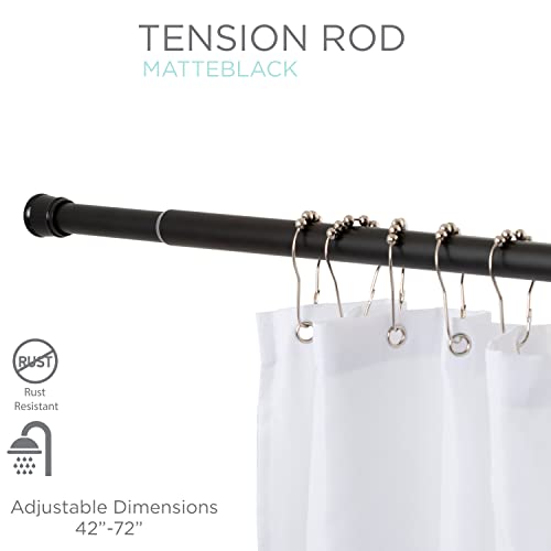 Tension Curtain Rod | Spring Loaded | Adjustable Expandable 42”-76” | Bathroom Shower Rod | Closet Pole | Room Divider | No Rust | No Drilling | Matte Black - color: Matte Black