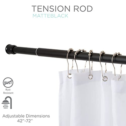 Tension Curtain Rod | Spring Loaded | Adjustable Expandable 42”-76” | Bathroom Shower Rod | Closet Pole | Room Divider | No Rust | No Drilling | Matte Black - color: Matte Black