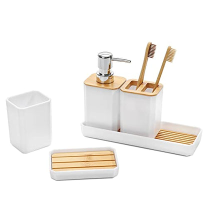 FEILANDUO Bathroom Accessories Set,5 Pcs Bathroom Accessory Gift Set, Soap Dispenser, Soap Dish, Toothbrush Holder, Toothbrush Cup, Vanity Tray, Boho, Modern Bathroom Decor (White) - style: White