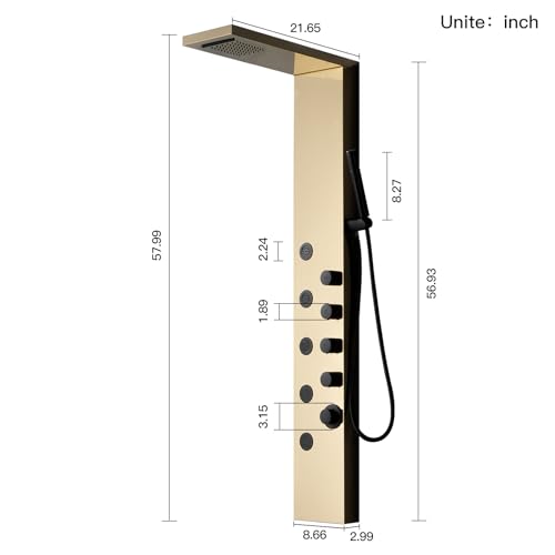 BWE Rainfall Waterfall Shower Panel Tower System Stainless Steel Bathroom Shower Panel with 5 Massage Body Jets Sprays and Handheld Shower,Polished Gold and Black