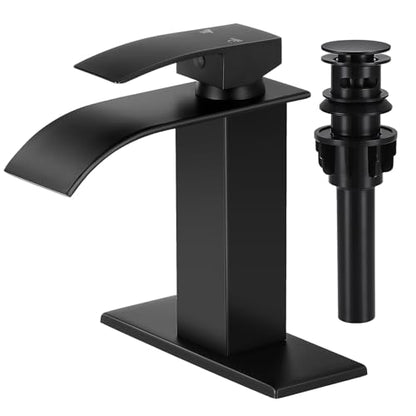 Bathroom Faucets Black Waterfall Single Handle Bathroom Sink Faucet | with Pop-up Drain & Deck,Supply Hoses,Matte Black Single Handle Vanity Faucet,Stainless Steel,1 or 3 Hole,RV,Fits Home - color: A-Matte Black, style: Short