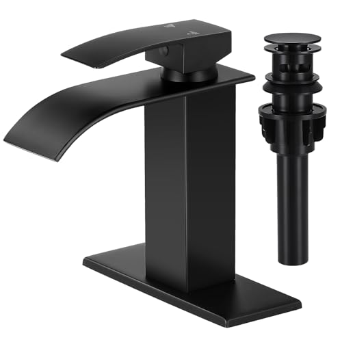 Bathroom Faucets Black Waterfall Single Handle Bathroom Sink Faucet | with Pop-up Drain & Deck,Supply Hoses,Matte Black Single Handle Vanity Faucet,Stainless Steel,1 or 3 Hole,RV,Fits Home - color: A-Matte Black, style: Short