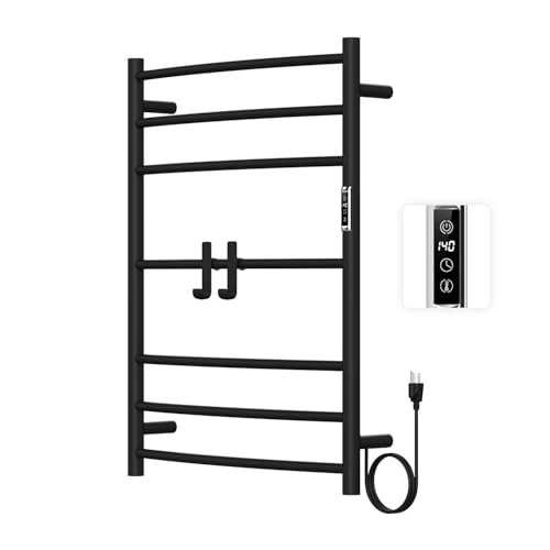 Electric Stainless Steel Warmer Rack Heated Towel Rack with 2 Hooks, Build-in Timer Temperature Adjustable Plug-in/Hardwired Hooks Hot Towel Rack for Bathroom Spa Gym Hotel (Black, 7-Bar) - color: Black, size: 7-Bar
