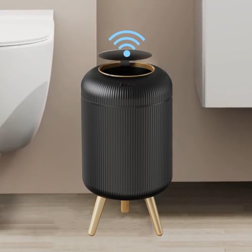 URALFA Motion Sensor Trah Can Bathroom, 3 Gal Automatic Trash Can with Lid | Touchless Sensor Garbage Can with Removable Legs, Smart Waterproof Trash Bin for Bedroom, Office, Restroom, Black and Gold - color: Black, style: Automatic with Legs
