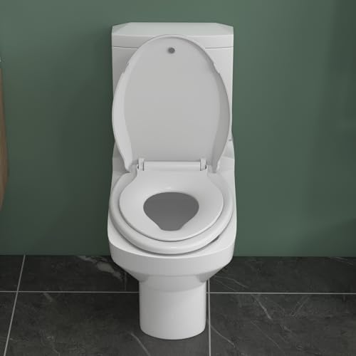 19" Elongated Toilet Seat with Built-In Potty Training Seat, Soft Quiet-Close Lid with Non-Slip Design, Magnetic Kids Seat in White, Easy to Install and Clean - color: White, with Toddler Seat, size: Elongated (19″)