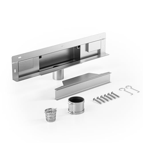 Linear Wall Drain 18’’, CUPC Certified | 304 Stainless Steel Side Drain w/ Tiled Grate & Hair Strainer, Brushed Tiled Shower Drain for Bathroom - size: 18"