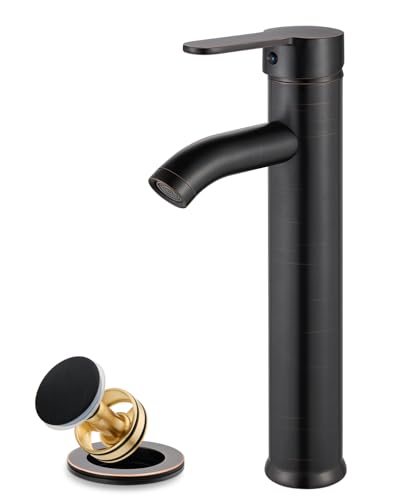 gotonovo Bathroom Vessel Sink Faucet Metal Pop Up Drain, Oil Rubbed Bronze | Tall Bathroom Faucet 1 Hole Single Handle Modern Round Body, cUPC Water Supply Hoses, for Basin Vanity Lavatory Restroom Rv - color: Bronze
