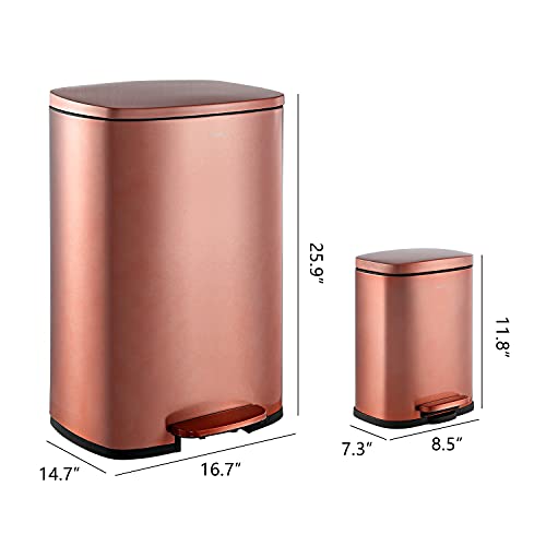happimess Connor 2-Piece Stainless Steel Trash Can, Rose Gold | 13.2 and 1.3 Gallons, Rectangular, Soft-Close Lid, Fingerprint Resistant, Step Pedal, 20 Liners, 26" and 12" Height - color: Rose Gold