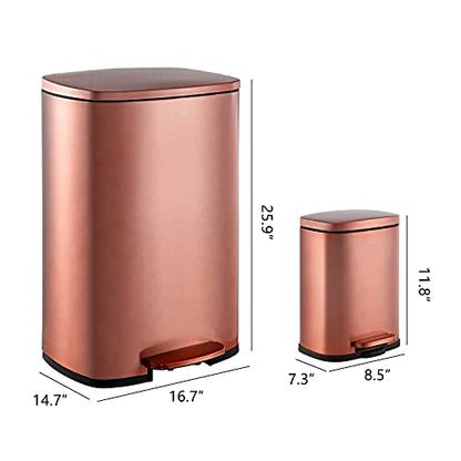 happimess Connor 2-Piece Stainless Steel Trash Can, Rose Gold | 13.2 and 1.3 Gallons, Rectangular, Soft-Close Lid, Fingerprint Resistant, Step Pedal, 20 Liners, 26" and 12" Height - color: Rose Gold