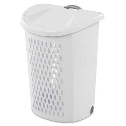 Plastic Laundry Hamper with Wheels and Handle - White Rolling Clothes Hamper Basket with Lid for Easy Transport and Storage