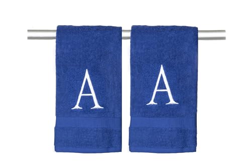 Navy with White Monogrammed Hand Towels for Bathroom - Set of 2 Letter A | Luxury Hotel Quality Initial Towels For Powder Room, Spa, GOTS Organic Certified - color: White on Navy, size: Initial A