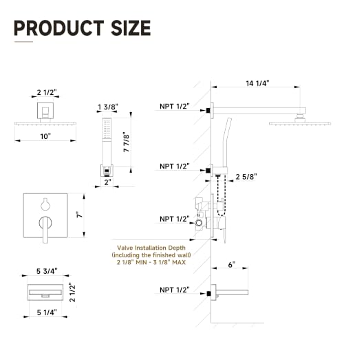 Shower System with Tub Spout, All Metal Black Bathtub Shower Faucet Set with High Pressure 10 Inch Rain Shower Head and Handheld Shower Head Set, Matte Black (Valve Include） - color: Matte Black