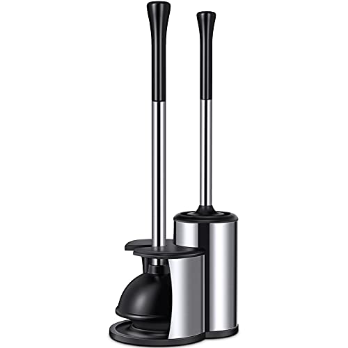 HAMITOR Toilet Plunger Bowl Brush Set: Hideaway Heavy Duty Toilet Plunger Scrubber Cleaner Holder Combo for Bathroom with Covered Caddy Hidden Elongated Discreet Apartment Plunger Brush Accessories