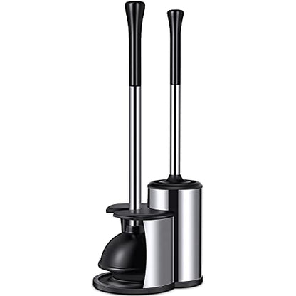 HAMITOR Toilet Plunger Bowl Brush Set: Hideaway Heavy Duty Toilet Plunger Scrubber Cleaner Holder Combo for Bathroom with Covered Caddy Hidden Elongated Discreet Apartment Plunger Brush Accessories