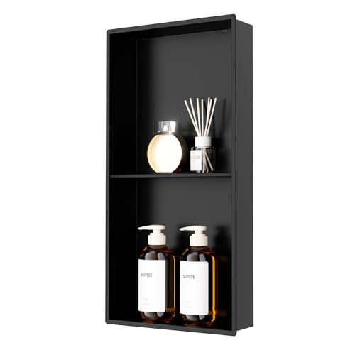 QAOYEDE Stainless Steel Shower Niche 14"×24" Matte Black with Shelf No Tiled Needed Niche Shower for Bathroom Wall Recessed Shower Box for Bathroom Storage - color: Matte Black, size: 14x24 Inch