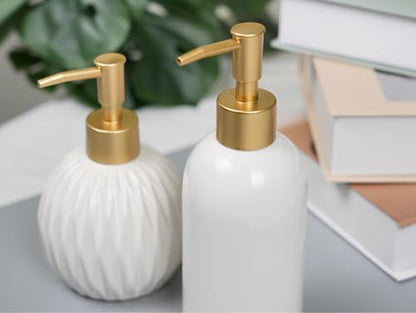 Ceramic Soap Dispenser White with Gold Pump,Simple Design Cylindrical Lotion Dispenser Bottle,Refillable Liquid Hand Soap Dispenser for Kitchen,Bathroom,Washroom - color: White（a）