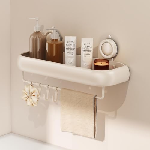 CICUFY Shower Caddy Suction Cup, 1 Pack No Drilling Corner Shower Shelves, Rust Proof Bathroom Storage Organizer, Shower Corner Caddy with Removable Hooks and Towel Bar, Square, Cream - style: Square Cream (1 Pack )
