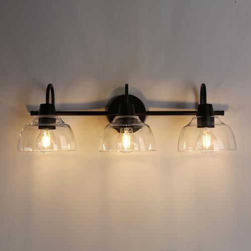 KSANA Black Bathroom Light Fixture, 3-Light Vanity Light with Large Opening Clear Glass Shade, Modern Farmhouse Wall Lamp Over Mirror - size: Dome Shade
