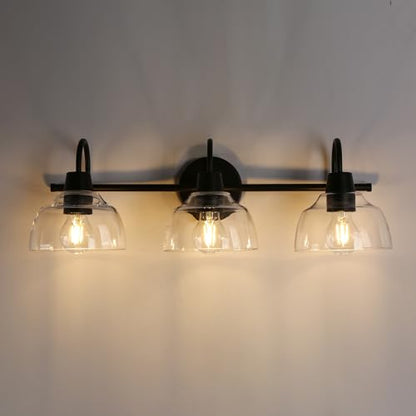 KSANA Black Bathroom Light Fixture, 3-Light Vanity Light with Large Opening Clear Glass Shade, Modern Farmhouse Wall Lamp Over Mirror - size: Dome Shade