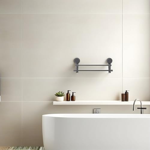 Lurrose Double Pole Suction Cup Towel Rack 40cm No Drill Wall Mount Towel Holder Gunmetal Gray Bathroom Kitchen