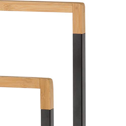 MyGift 33 Inch Free Standing Towel Rack for Bathroom, Freestanding Bath Towel Holder with 2 Tier Bamboo Wood Bar and Black Chrome Plated Metal, Drying Rack Stand Laundry - size: 2 Tiers