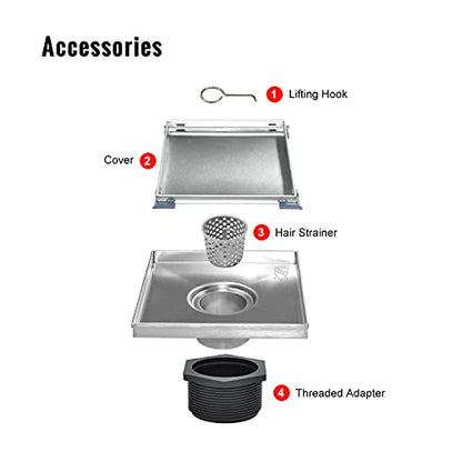 SaniteModar Shower Drain 6 inch Brushed with 2 in1 Tile Insert Cover | 304 Stainless Steel Brushed Square Shower Drain with Hair Catcher and Threaded Adapter - color: Tile Insert Grate, size: 6 inch