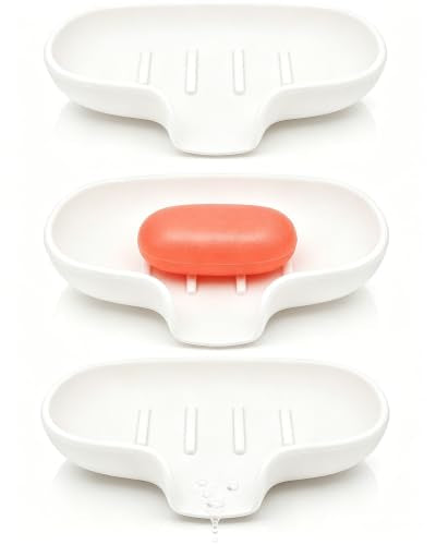 3 Pack Soap Bar Holder, AIMAIAIMAI Self Draining Soap Dish, Quick Drainage, Soap Dishes for Bathroom, Shower, Silicone Soap Tray for Kitchen, Dishwasher Safe (White) - color: White