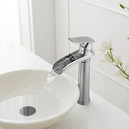 BWE Vessel Sink Faucet Brushed Nickel Tall Waterfall Bathroom Faucet | Deck Mount Single Handle One Hole Lavatory Vanity Faucet with Pop Up Drain Assembly and Supply Hose,Solid Brass - color: Brushed Nickel, size: 11.81 inch Vessel Version