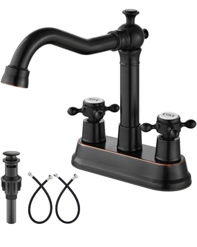 Aolemi 4 Inch Centerset Bathroom Sink Faucet Vintage 2 Cross Handle RV Mixer Tap Basin Vanity Lavatory Utility for Sink 3 Hole Include Hoses Pop Up Drain Faucet Handle with Label Oil Rubbed Bronze - color: Oil Rubbed Bronze, style: Faucet Handle with Labe