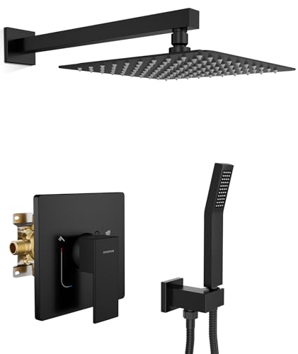 SR SUN RISE Shower System 10 Inch Rainfall Brass Valve Trim Kit Black | Wall-Mounted Rainfall Shower Set with Valve, Pressure Balance for Stable Temp, 304 Steel, Lead-Free Waterway, Leak-Resistant - color: Matte Black, size: 10 Inch