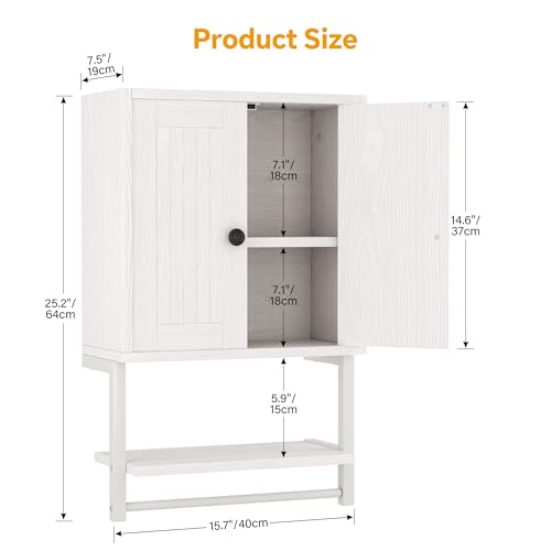 Homeiju Small Farmhouse Style Rustic Medicine Cabinet with Two Barn Doors, Wooden Wall Mounted Storage Cabinet with Shelf and Towel Bar for Bathroom, Living Room, Kitchen, White - size: 25.2'' H