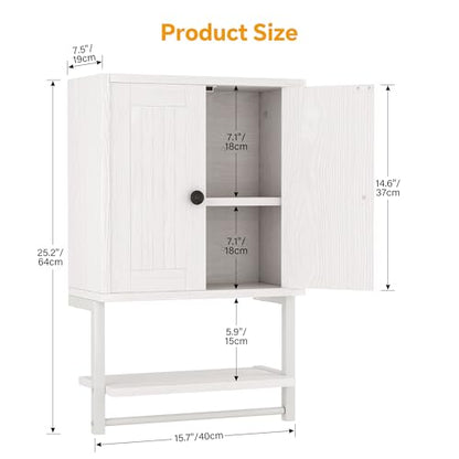 Homeiju Small Farmhouse Style Rustic Medicine Cabinet with Two Barn Doors, Wooden Wall Mounted Storage Cabinet with Shelf and Towel Bar for Bathroom, Living Room, Kitchen, White - size: 25.2'' H