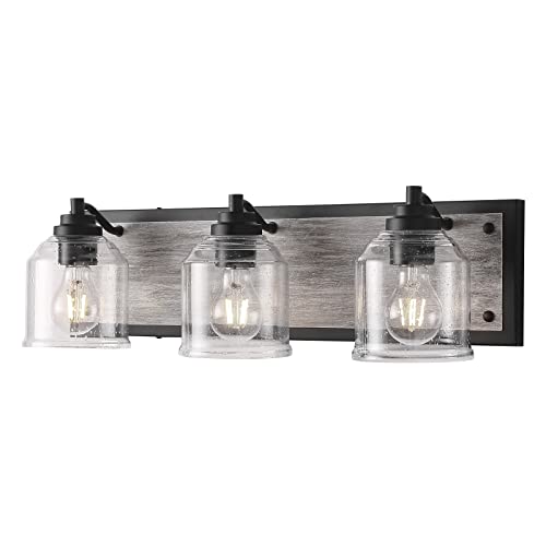 23" 3-Light Farmhouse Bathroom Vanity Light with Bubble Glass, Gray | Farmhouse Rustic style, Metal base with hand-painted wood grain, E26 Ceramic Base, UL&ETL Listed, mount up/down, over mirror - color: Gray, size: 3-Light