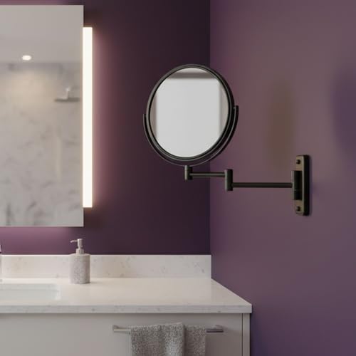 JERDON Wall-Mounted Makeup Mirror - 5X Magnification - Black - JP7506BK | 8" Round Frame, 13.5" Wall Extension Arm - color: Black, size: 5X Magnification