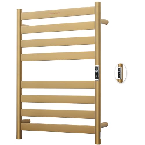 Heated Wall Mounted Electric Towel Warmer Rack,Timer & Temperature Control, 8 Bar Stainless Steel Towel Heater for Bathroom, Brushed Gold, Plug-in(27.56x19.69x4.41in) - color: Brushed Gold, size: 8 Bars