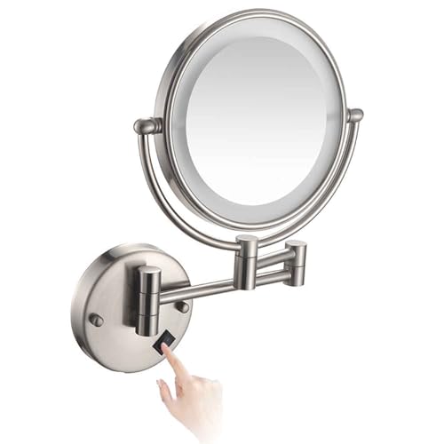 Wall Mounted Makeup Mirror with Lights,Double Sided 1X/10X Magnifying Vanity Mirror with Push Button Switch,360° Swivel Design, Extendable and Folding Arm - for Men and Women - color: Nickel, size: Plugln