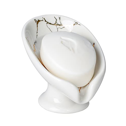 Soap Dish, Soap Holder Self Draining Leaf Shape Soap Dishes, Ceramic Drain Soap Dish for Sink Bathroom Shower Kitchen, Easy to Clean Keeps Soap Dry, Cream White & Gold Marble Pattern, ANTIS'S HOME - color: 1pcs-marble White